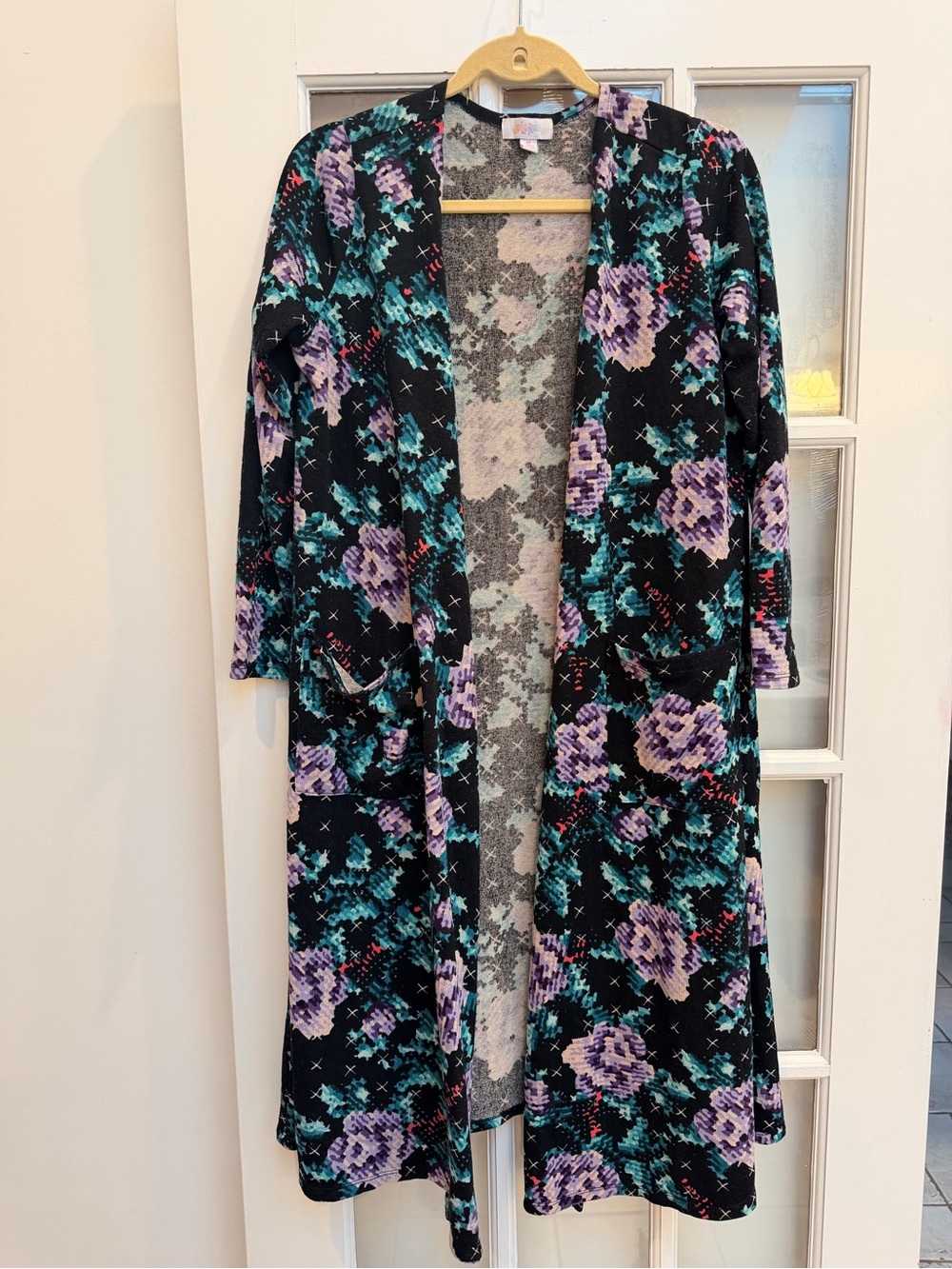 LuLaRoe Sarah Long Black Floral Duster Cardigan Sweater Purple Teal Roses Size M